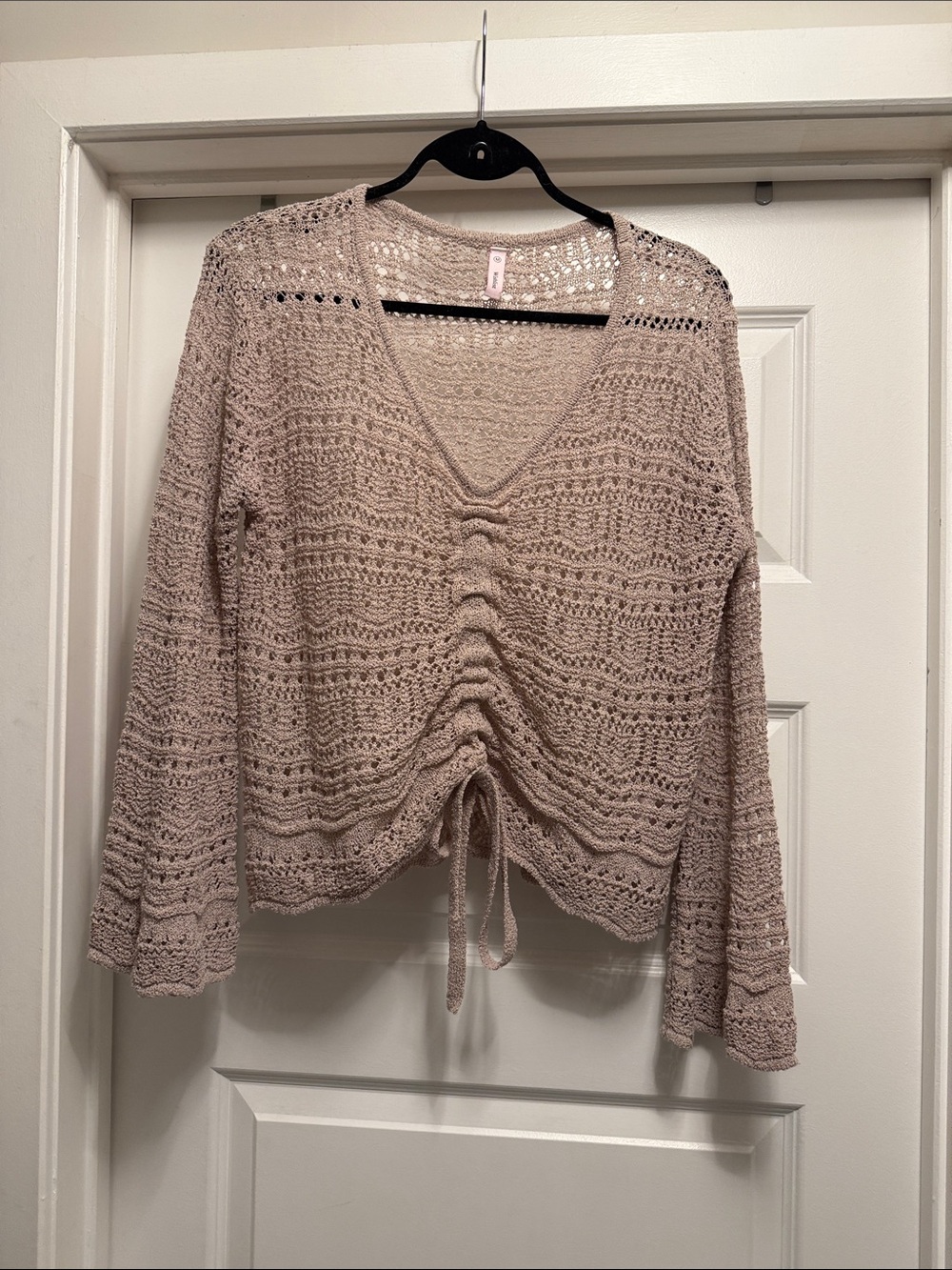 Wishlist Crochet V-Neck Drawstring Sweater Top - Blush Pink